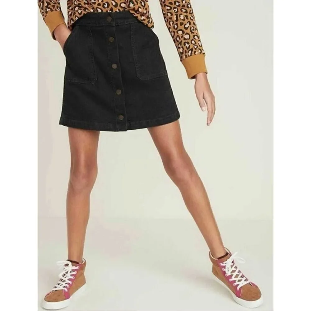 Girls Old Navy High Waisted Black Denim Snap Front Jean Skirt - Sz  XS ( 5 )